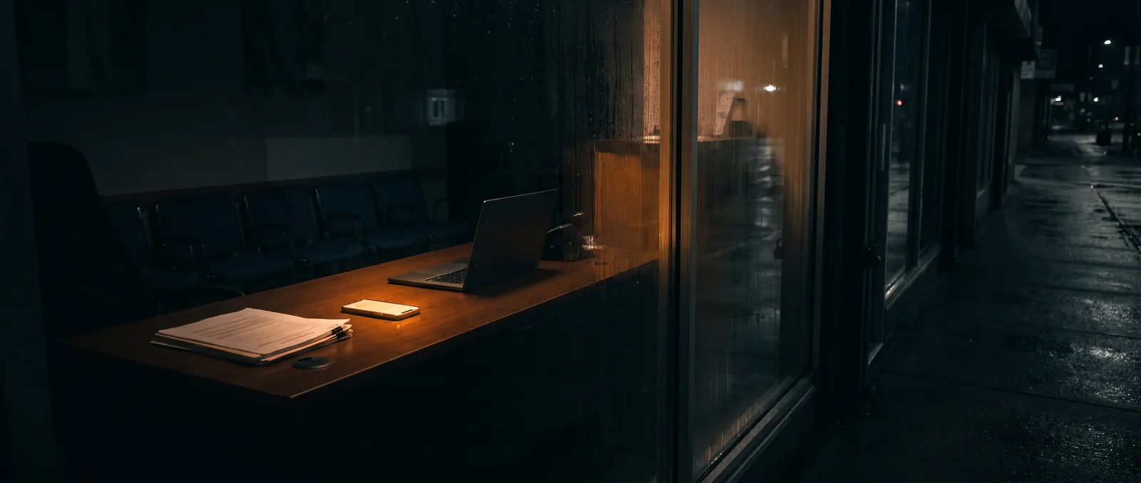 A dental reception desk at night, phone glowing on the counter