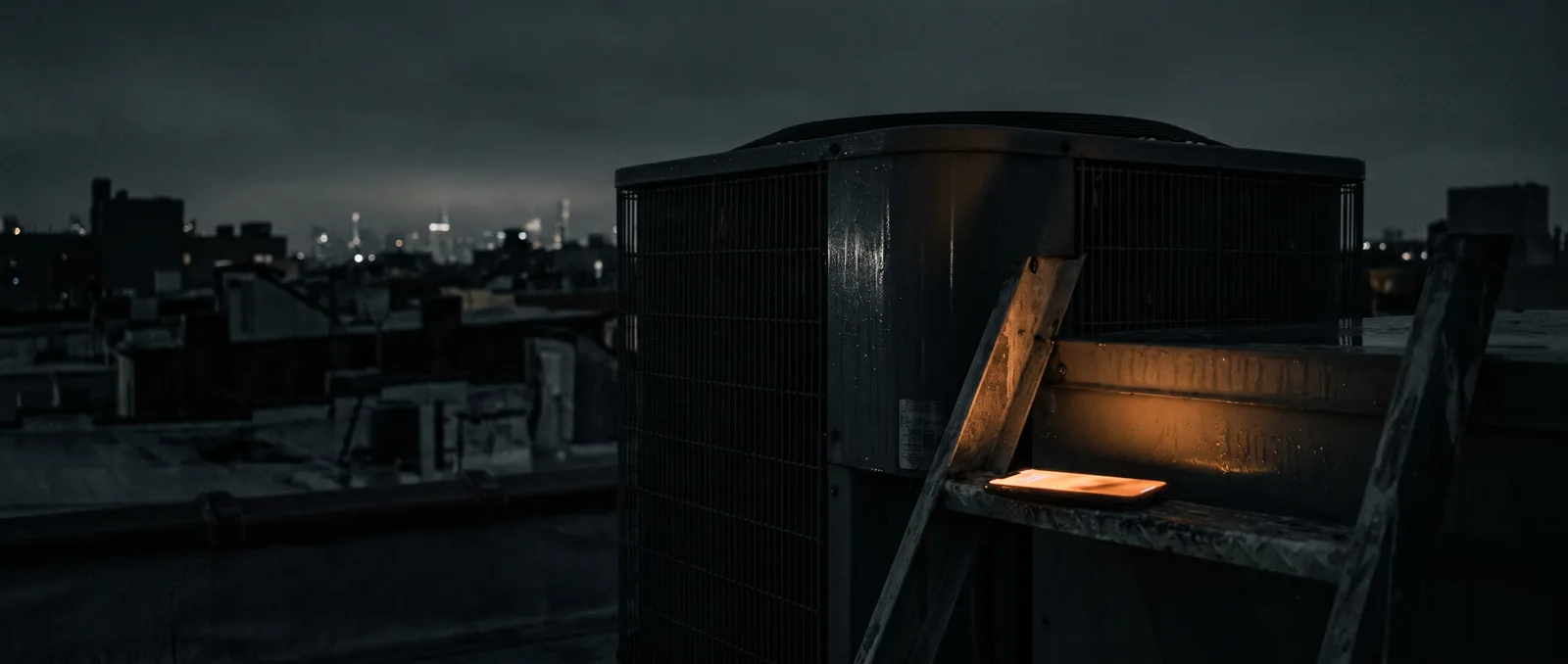 A rooftop HVAC unit at night, phone glowing on a ladder rung