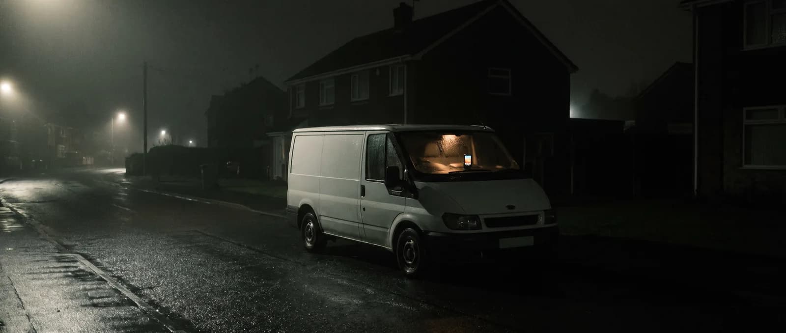 A plumber's van at night, dashboard phone glowing