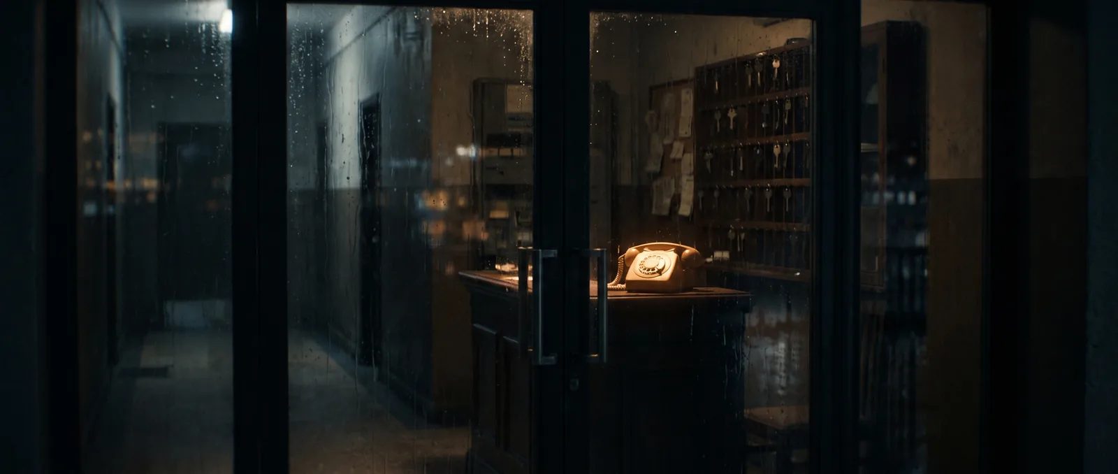 An apartment foyer at night, phone glowing on the reception desk